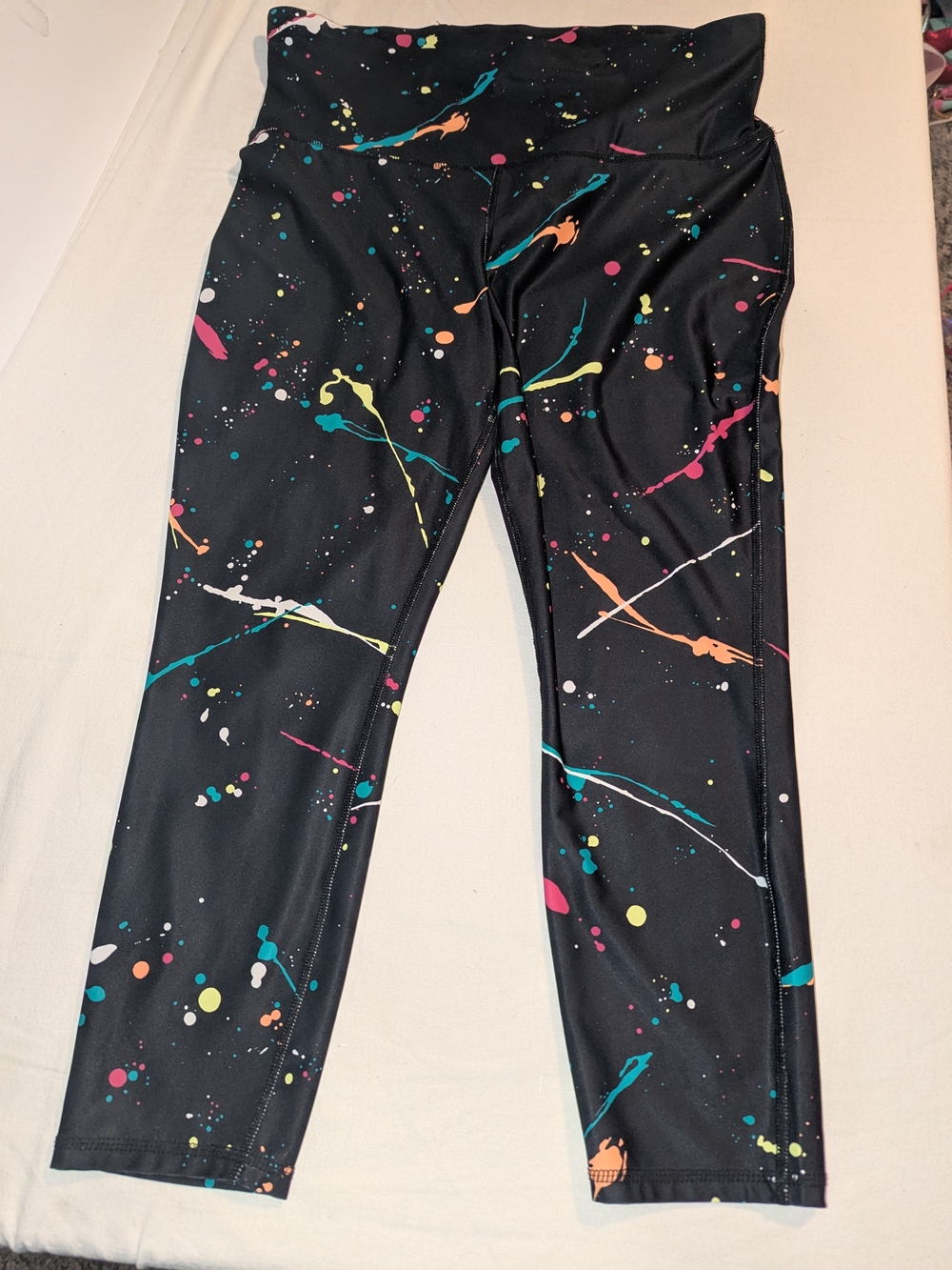 Xersion Black Leggings with Teal, Pink, Orange & Yellow Paint Splatter